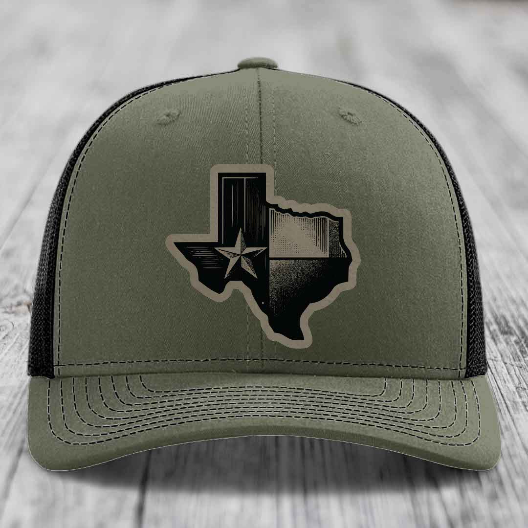 Texas Shaped Flag - Leather Patch Hat - Light Brown to Black Patch - Richardson 112 Snapback Trucker Hat