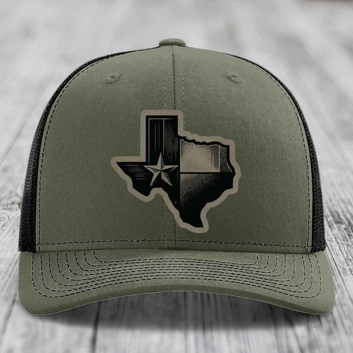 Texas Shaped Flag - Leather Patch Hat - Light Brown to Black Patch - Richardson 112 Snapback Trucker Hat