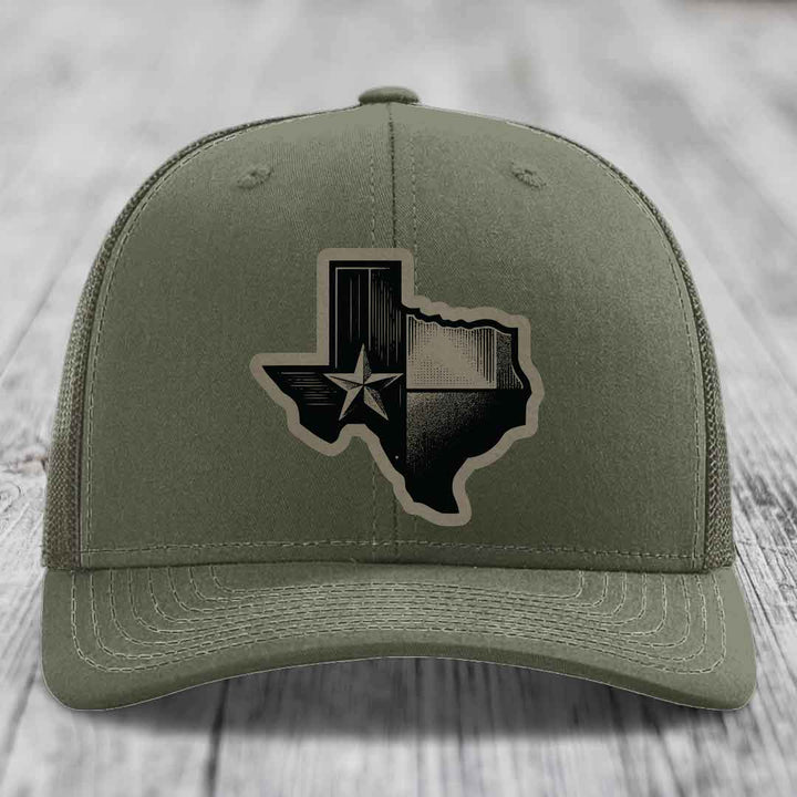 Texas Shaped Flag - Leather Patch Hat - Light Brown to Black Patch - Richardson 112 Snapback Trucker Hat