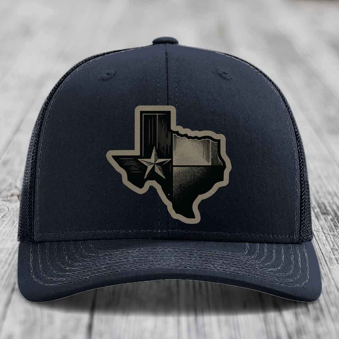 Texas Shaped Flag - Leather Patch Hat - Light Brown to Black Patch - Richardson 112 Snapback Trucker Hat