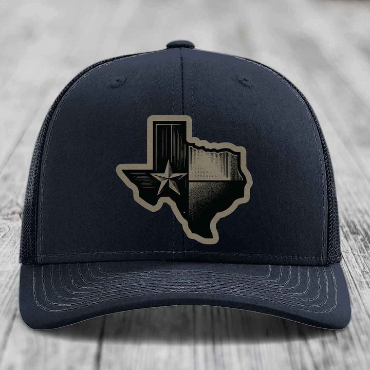 Texas Shaped Flag - Leather Patch Hat - Light Brown to Black Patch - Richardson 112 Snapback Trucker Hat