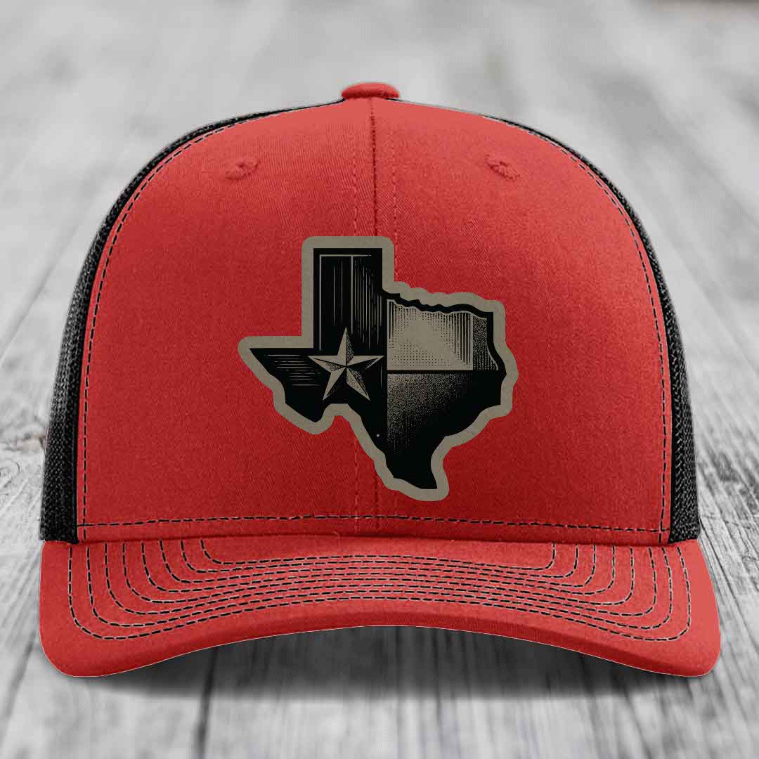 Texas Shaped Flag - Leather Patch Hat - Light Brown to Black Patch - Richardson 112 Snapback Trucker Hat