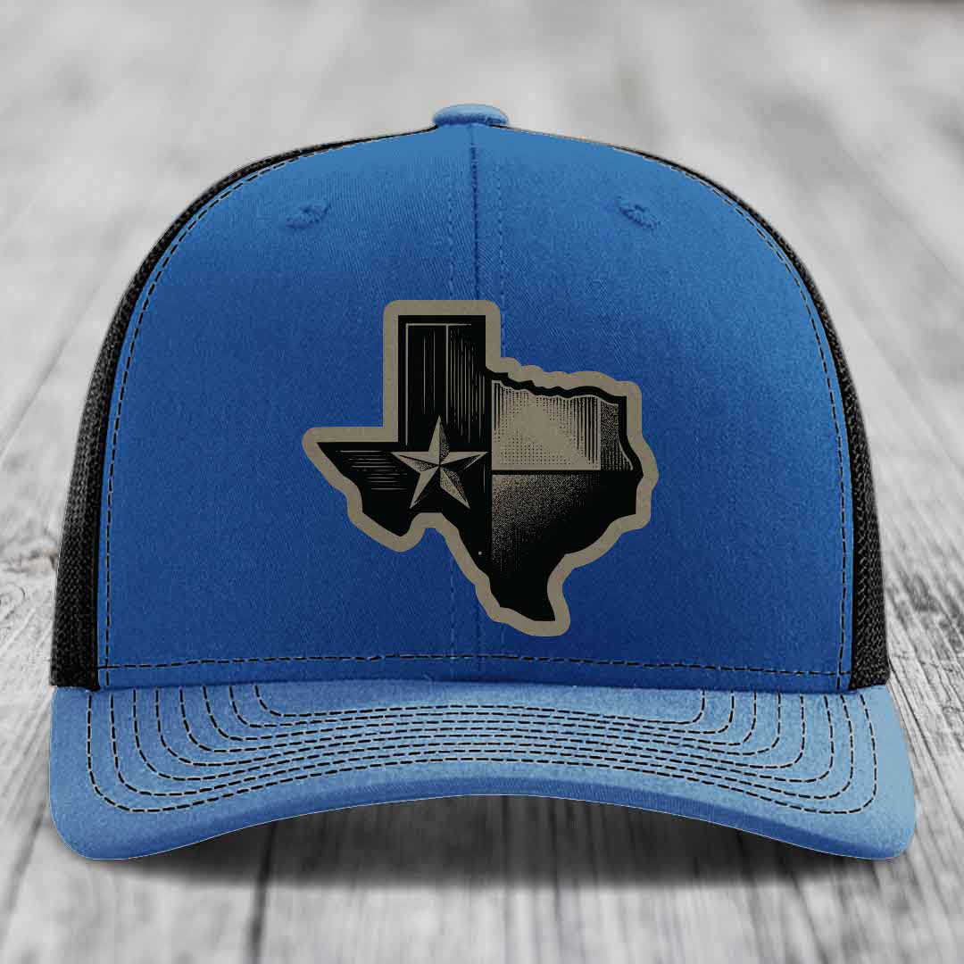 Texas Shaped Flag - Leather Patch Hat - Light Brown to Black Patch - Richardson 112 Snapback Trucker Hat