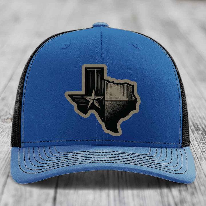 Texas Shaped Flag - Leather Patch Hat - Light Brown to Black Patch - Richardson 112 Snapback Trucker Hat