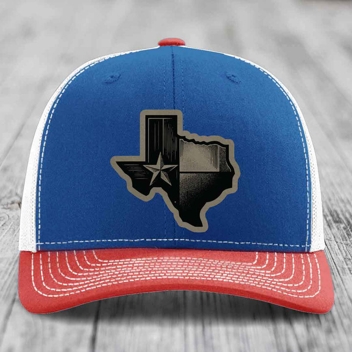 Texas Shaped Flag - Leather Patch Hat - Light Brown to Black Patch - Richardson 112 Snapback Trucker Hat