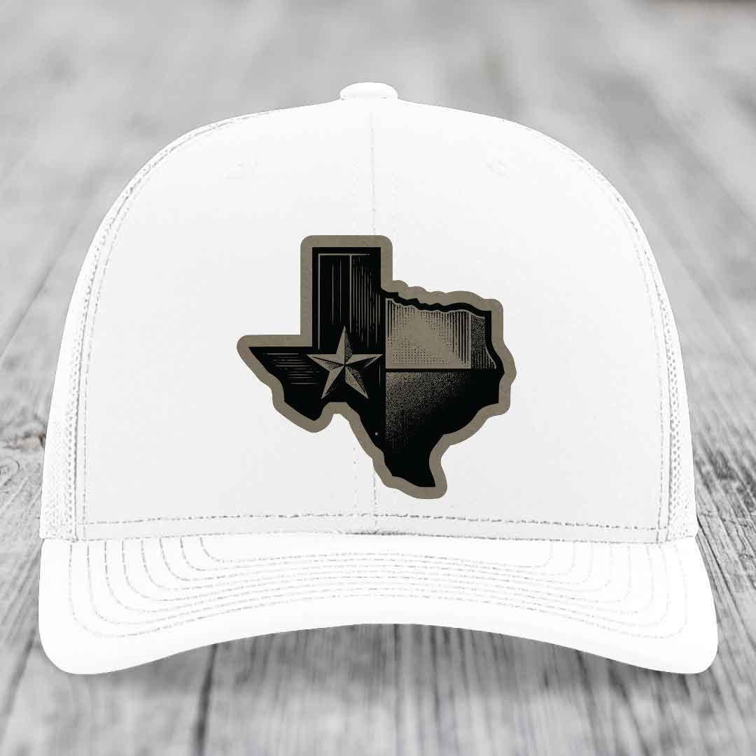 Texas Shaped Flag - Leather Patch Hat - Light Brown to Black Patch - Richardson 112 Snapback Trucker Hat