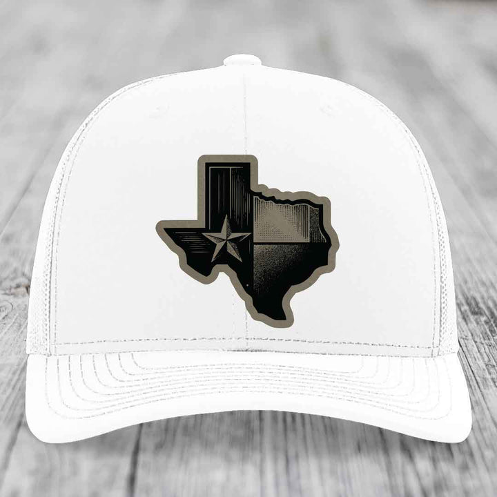 Texas Shaped Flag - Leather Patch Hat - Light Brown to Black Patch - Richardson 112 Snapback Trucker Hat