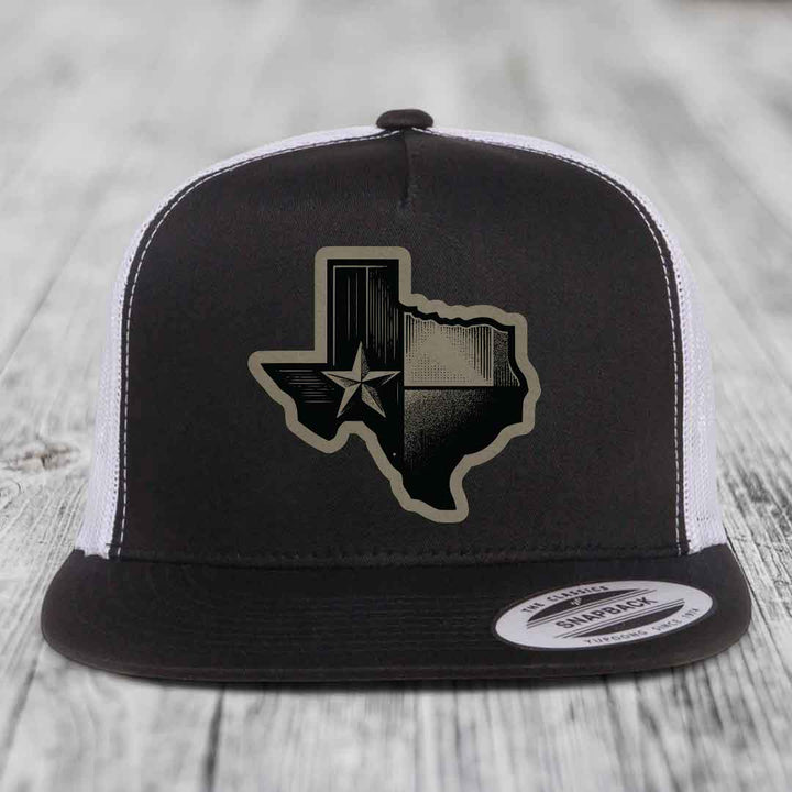 Texas Shaped Flag - Leather Patch Hat - Light Brown to Black Patch - Yupoong 6006 Snapback Flatbill Hat