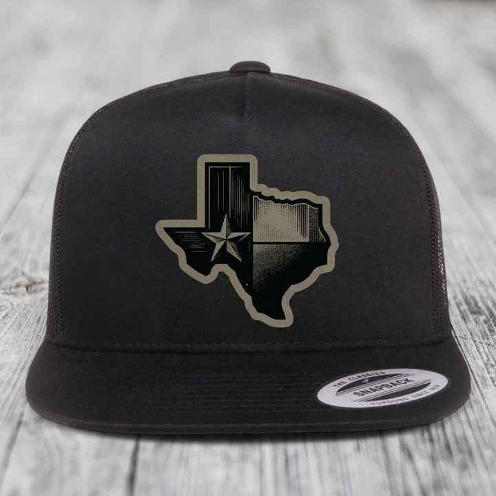 Texas Shaped Flag - Leather Patch Hat - Light Brown to Black Patch - Yupoong 6006 Snapback Flatbill Hat
