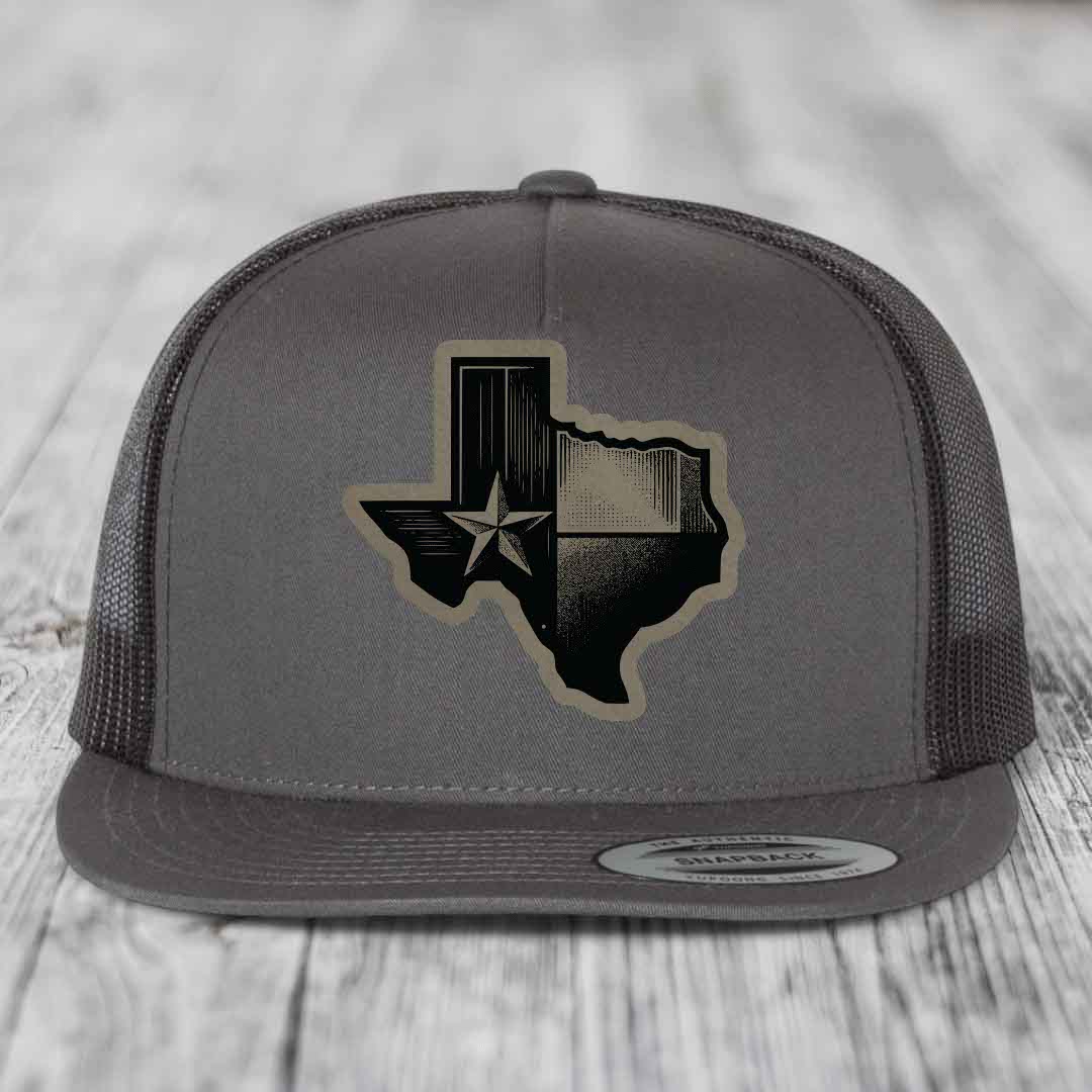 Texas Shaped Flag - Leather Patch Hat - Light Brown to Black Patch - Yupoong 6006 Snapback Flatbill Hat