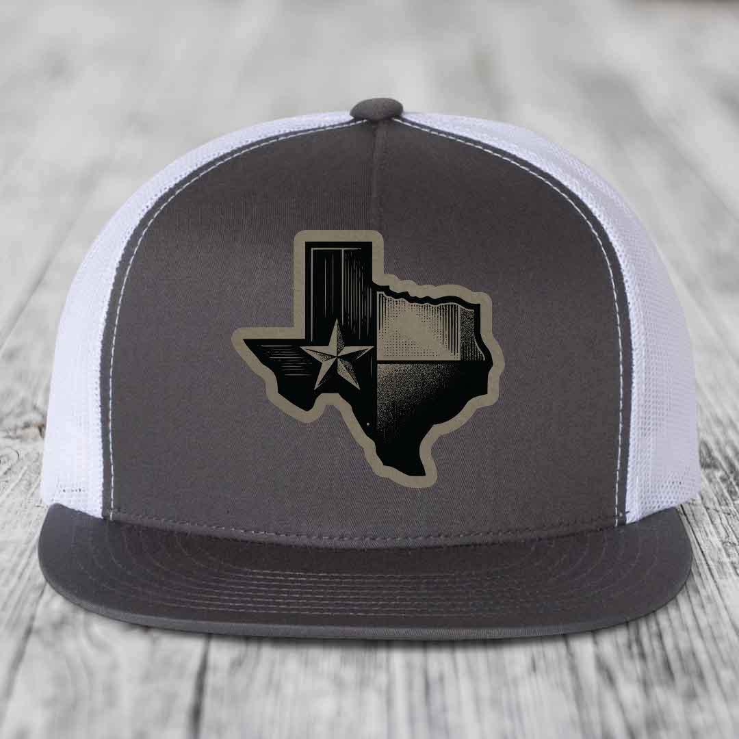 Texas Shaped Flag - Leather Patch Hat - Light Brown to Black Patch - Yupoong 6006 Snapback Flatbill Hat