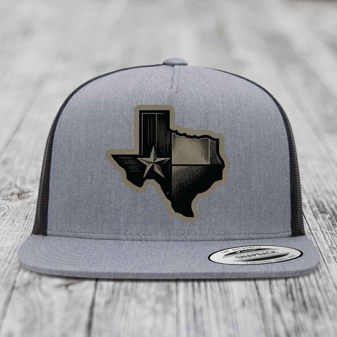Texas Shaped Flag - Leather Patch Hat - Light Brown to Black Patch - Yupoong 6006 Snapback Flatbill Hat