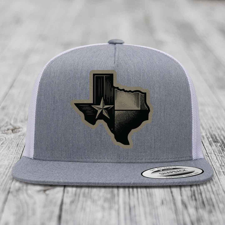 Texas Shaped Flag - Leather Patch Hat - Light Brown to Black Patch - Yupoong 6006 Snapback Flatbill Hat