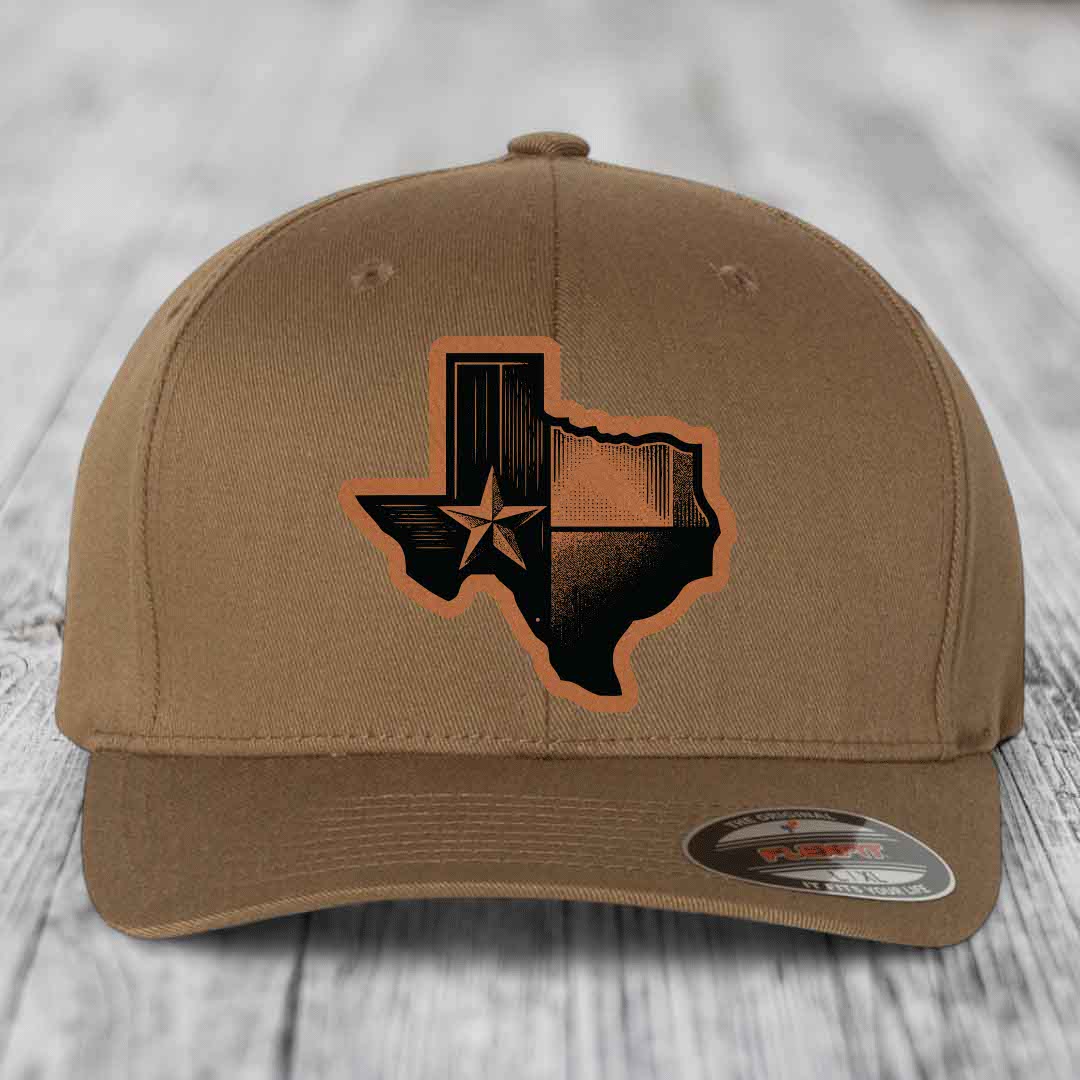 Texas Shaped Flag - Leather Patch Hat - Rawhide to Black Patch - Flexfit 6277 Fitted Hat