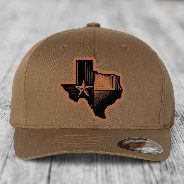 Texas Shaped Flag - Leather Patch Hat - Rawhide to Black Patch - Flexfit 6277 Fitted Hat
