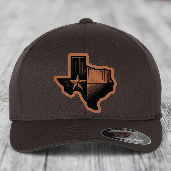 Texas Shaped Flag - Leather Patch Hat - Rawhide to Black Patch - Flexfit 6277 Fitted Hat