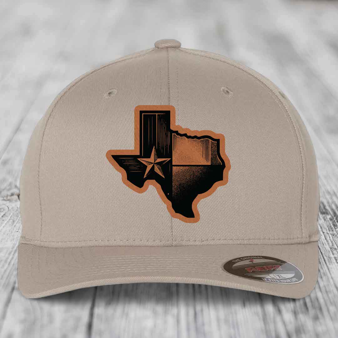 Texas Shaped Flag - Leather Patch Hat - Rawhide to Black Patch - Flexfit 6277 Fitted Hat