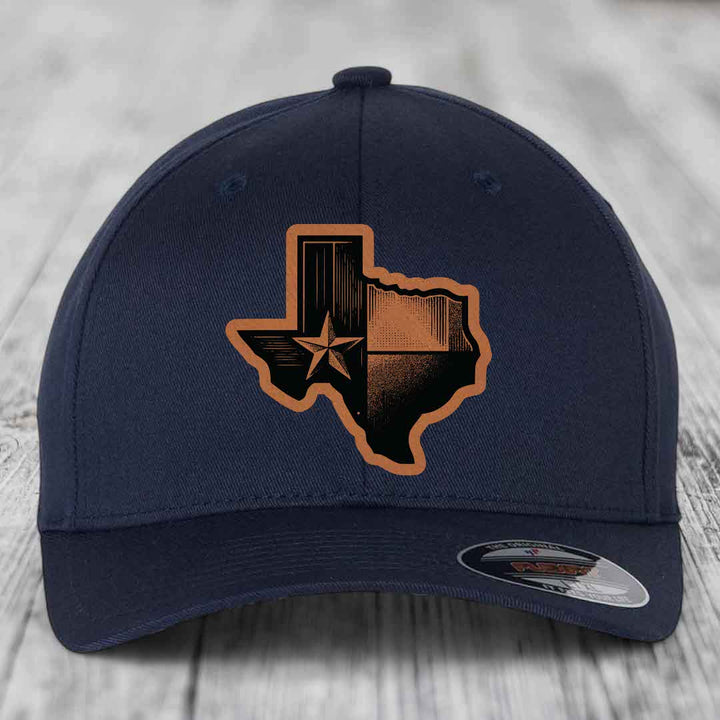 Texas Shaped Flag - Leather Patch Hat - Rawhide to Black Patch - Flexfit 6277 Fitted Hat