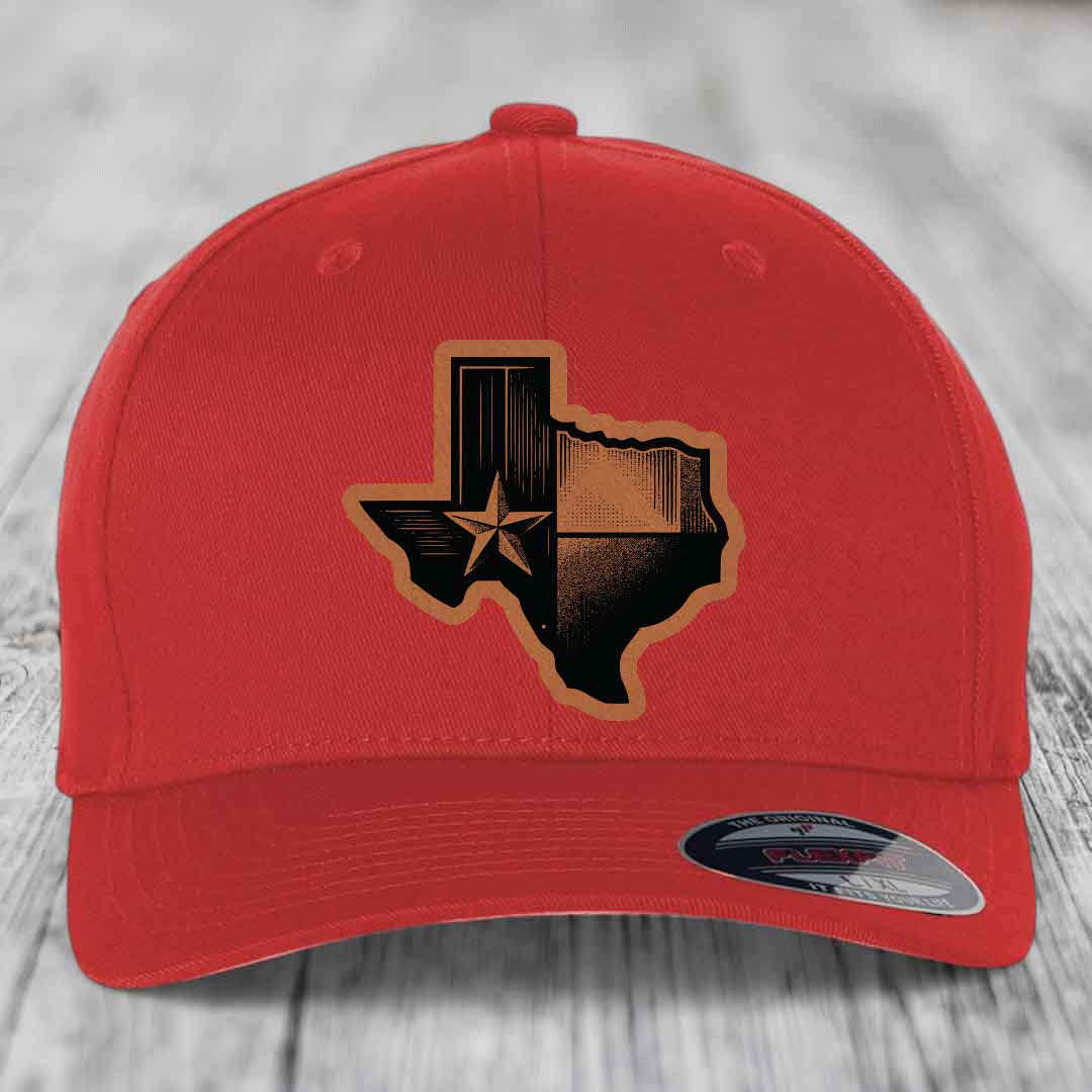Texas Shaped Flag - Leather Patch Hat - Rawhide to Black Patch - Flexfit 6277 Fitted Hat