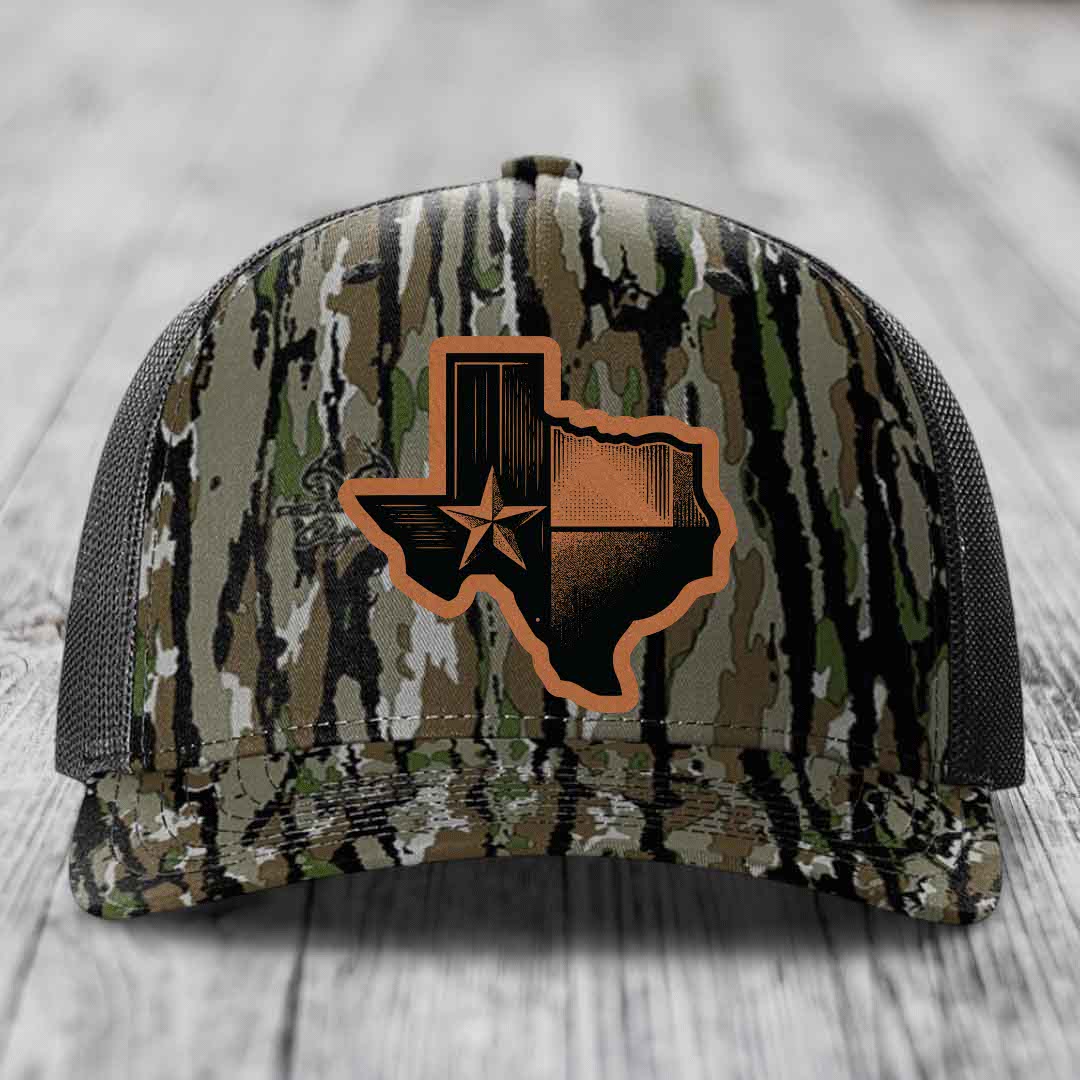Camouflage trucker hat with Texas state flag patch in brown and black.