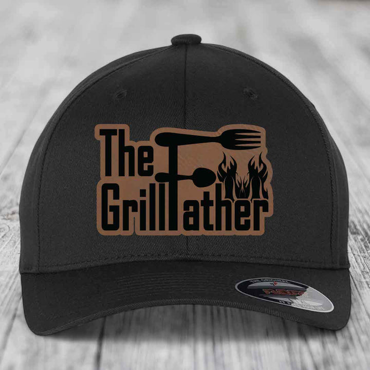 The Grillfather - Leather Patch Hat - Dark Brown to Black Patch - Flexfit 6277 Fitted Hat
