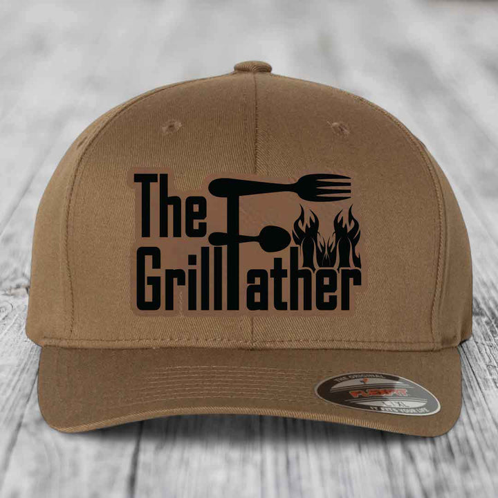 The Grillfather - Leather Patch Hat - Dark Brown to Black Patch - Flexfit 6277 Fitted Hat