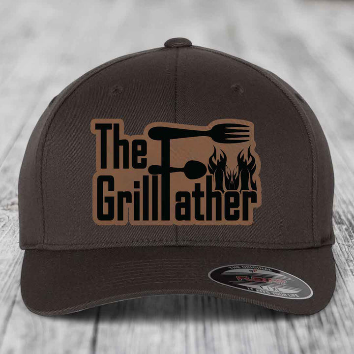 The Grillfather - Leather Patch Hat - Dark Brown to Black Patch - Flexfit 6277 Fitted Hat