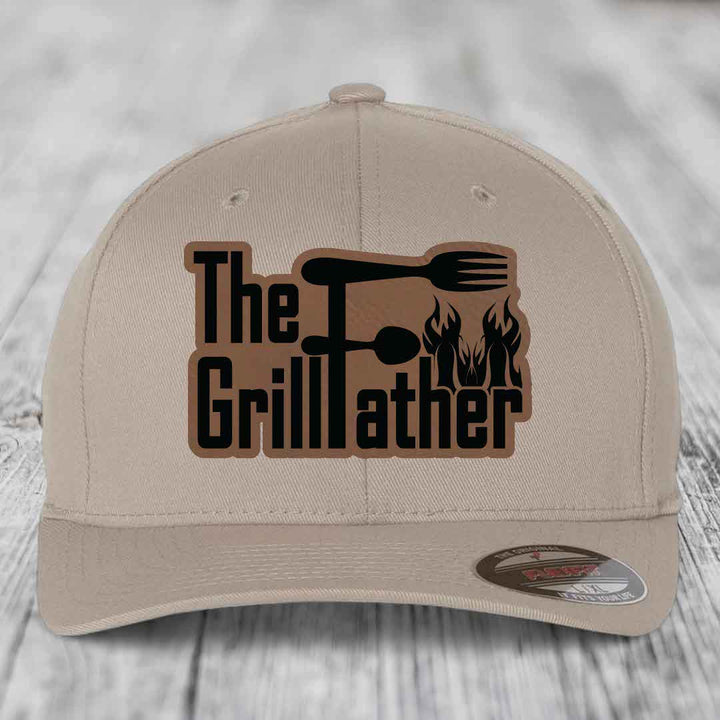 The Grillfather - Leather Patch Hat - Dark Brown to Black Patch - Flexfit 6277 Fitted Hat