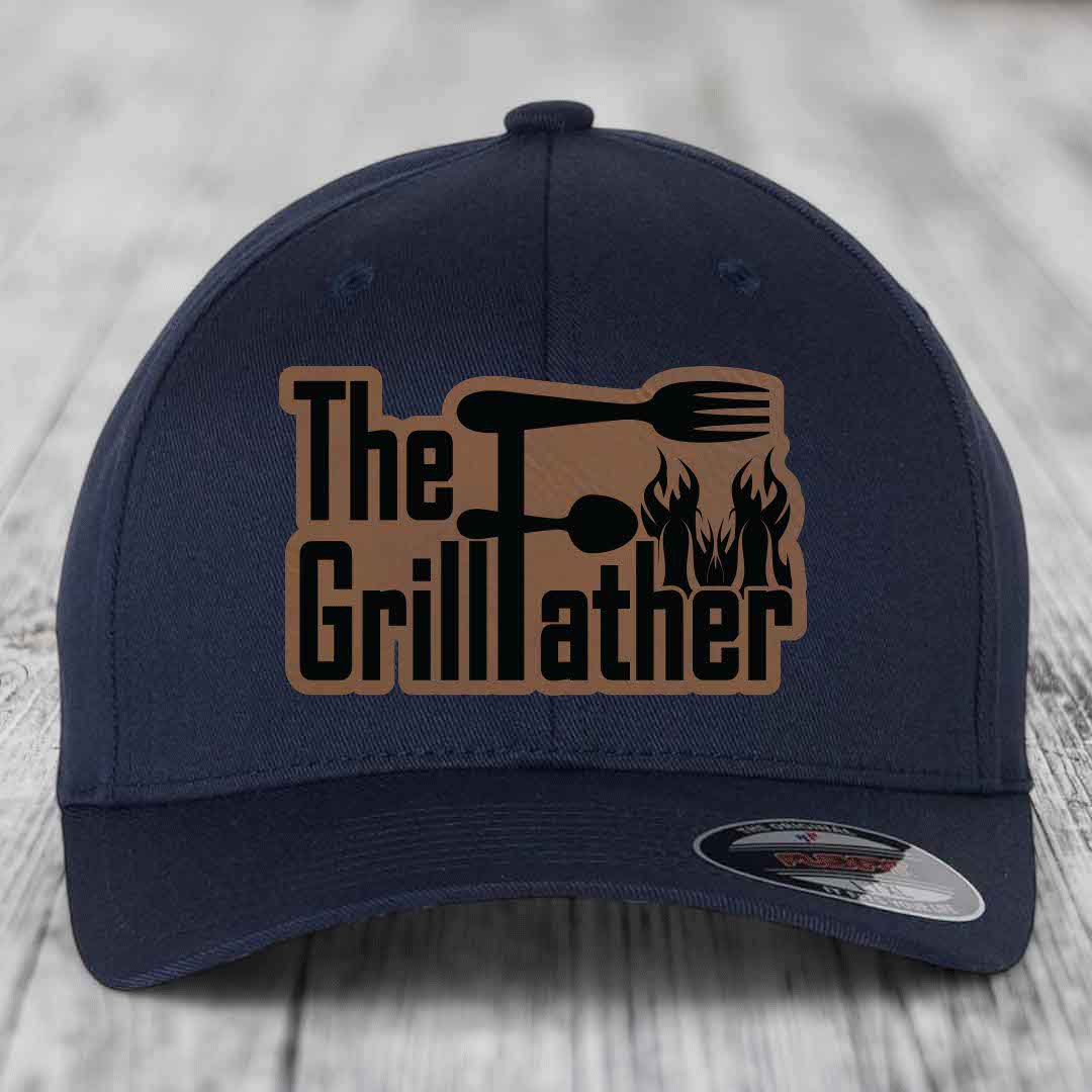 The Grillfather - Leather Patch Hat - Dark Brown to Black Patch - Flexfit 6277 Fitted Hat