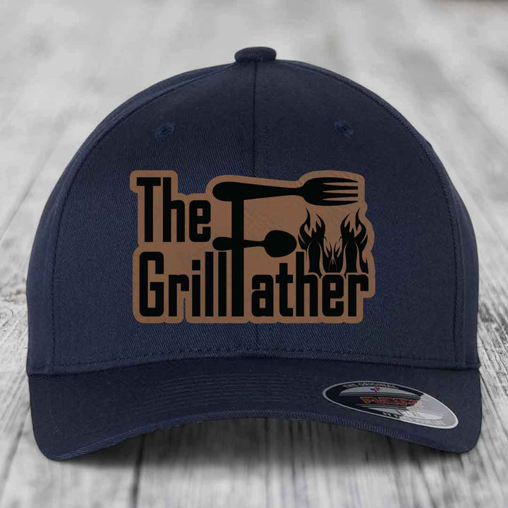 The Grillfather - Leather Patch Hat - Dark Brown to Black Patch - Flexfit 6277 Fitted Hat