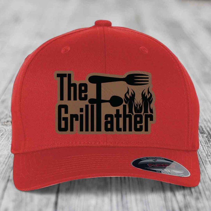 The Grillfather - Leather Patch Hat - Dark Brown to Black Patch - Flexfit 6277 Fitted Hat