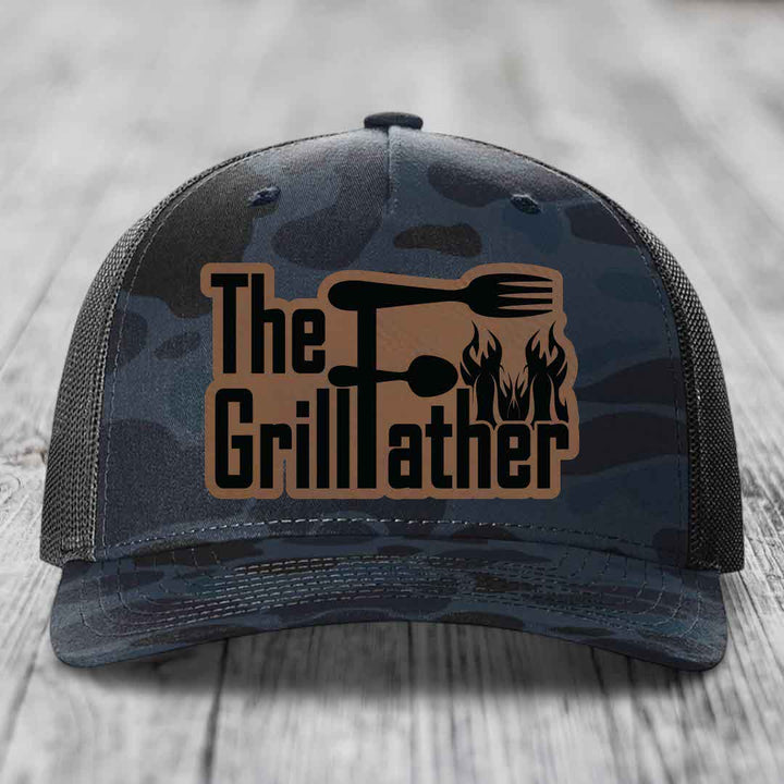 The Grillfather - Leather Patch Hat - Dark Brown to Black Patch - Richardson 112PFP Snapback Trucker Hat