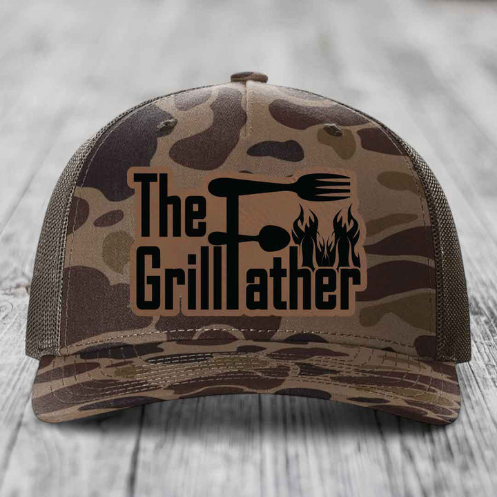 The Grillfather - Leather Patch Hat - Dark Brown to Black Patch - Richardson 112PFP Snapback Trucker Hat