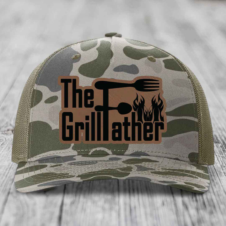 The Grillfather - Leather Patch Hat - Dark Brown to Black Patch - Richardson 112PFP Snapback Trucker Hat