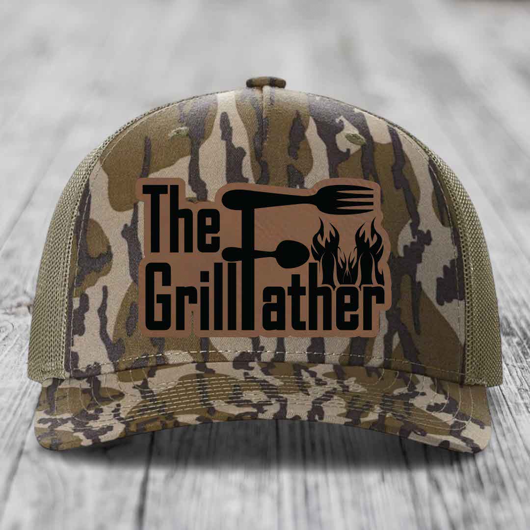 The Grillfather - Leather Patch Hat - Dark Brown to Black Patch - Richardson 112PFP Snapback Trucker Hat