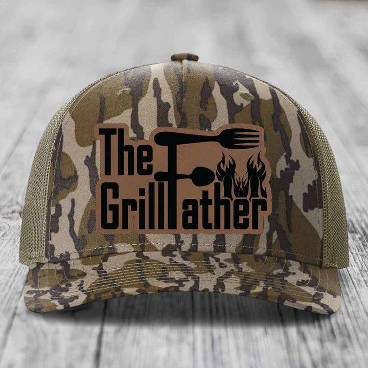 The Grillfather - Leather Patch Hat - Dark Brown to Black Patch - Richardson 112PFP Snapback Trucker Hat