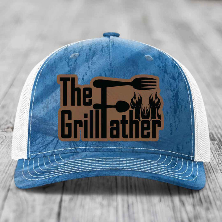 The Grillfather - Leather Patch Hat - Dark Brown to Black Patch - Richardson 112PFP Snapback Trucker Hat