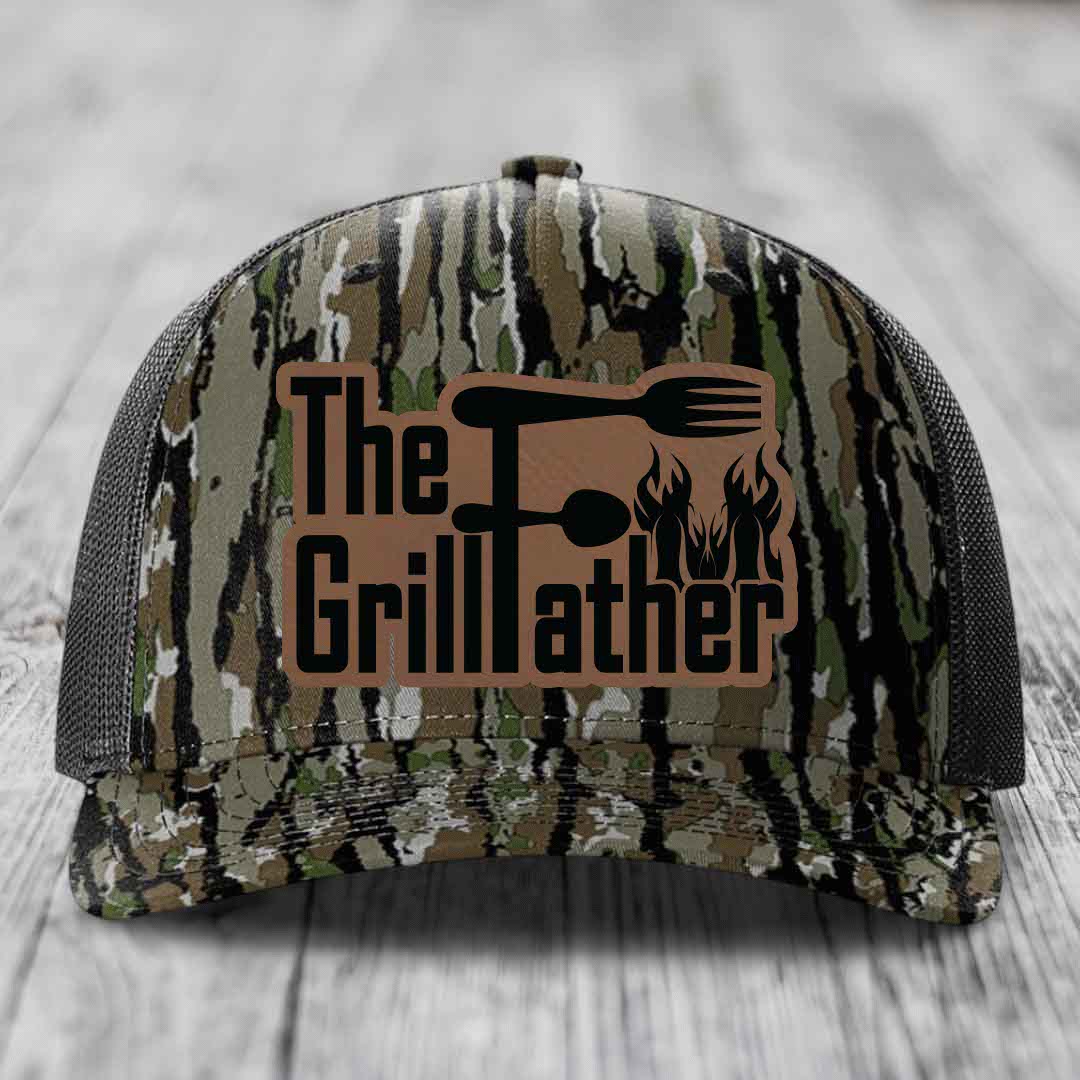 The Grillfather - Leather Patch Hat - Dark Brown to Black Patch - Richardson 112PFP Snapback Trucker Hat