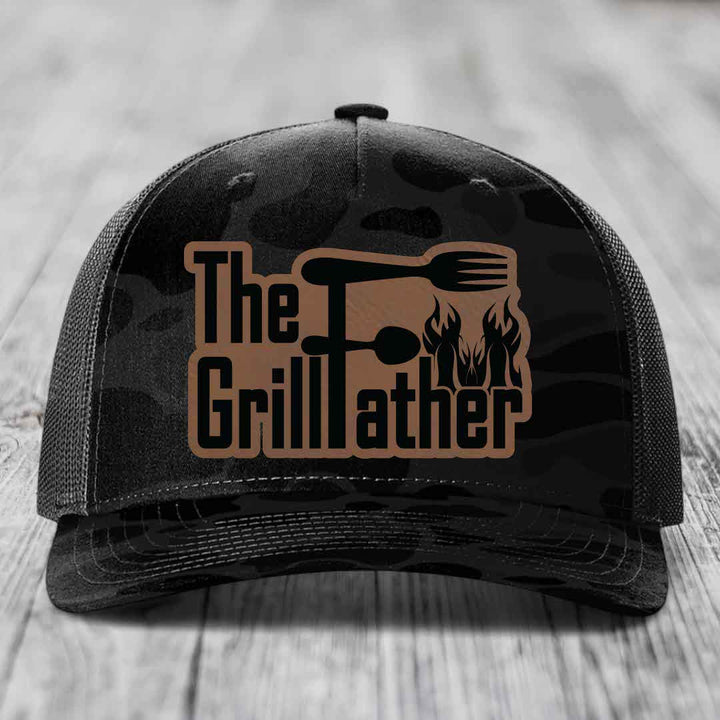 The Grillfather - Leather Patch Hat - Dark Brown to Black Patch - Richardson 112PFP Snapback Trucker Hat