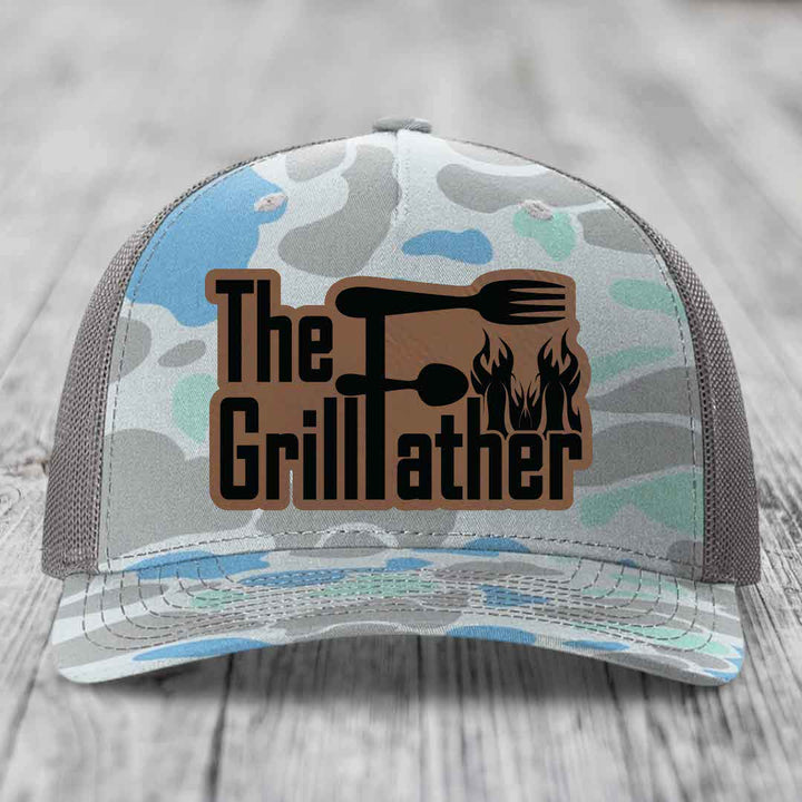 The Grillfather - Leather Patch Hat - Dark Brown to Black Patch - Richardson 112PFP Snapback Trucker Hat
