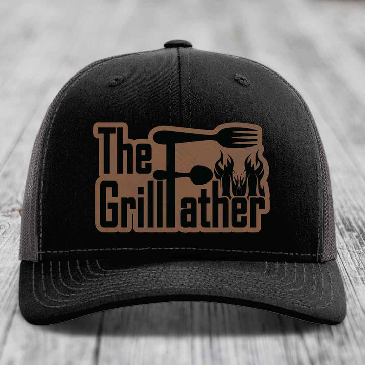 The Grillfather - Leather Patch Hat - Dark Brown to Black Patch - Richardson 112 Snapback Trucker Hat