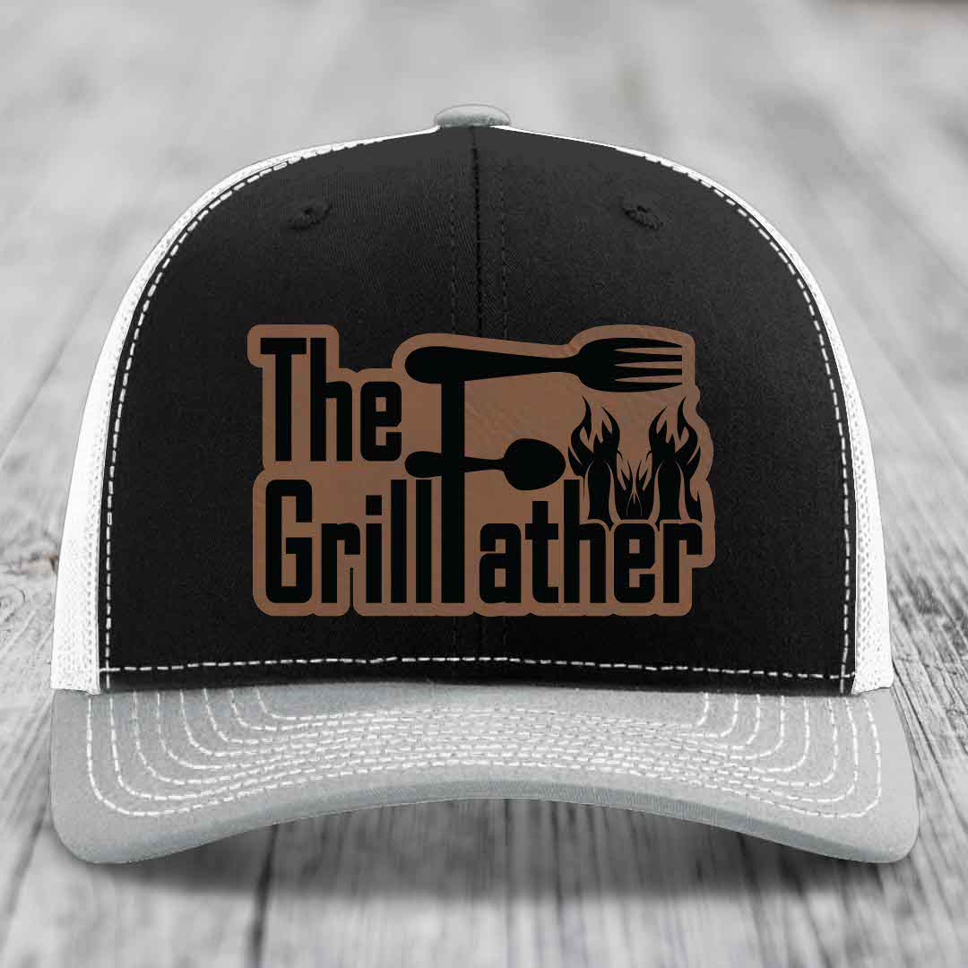 The Grillfather - Leather Patch Hat - Dark Brown to Black Patch - Richardson 112 Snapback Trucker Hat