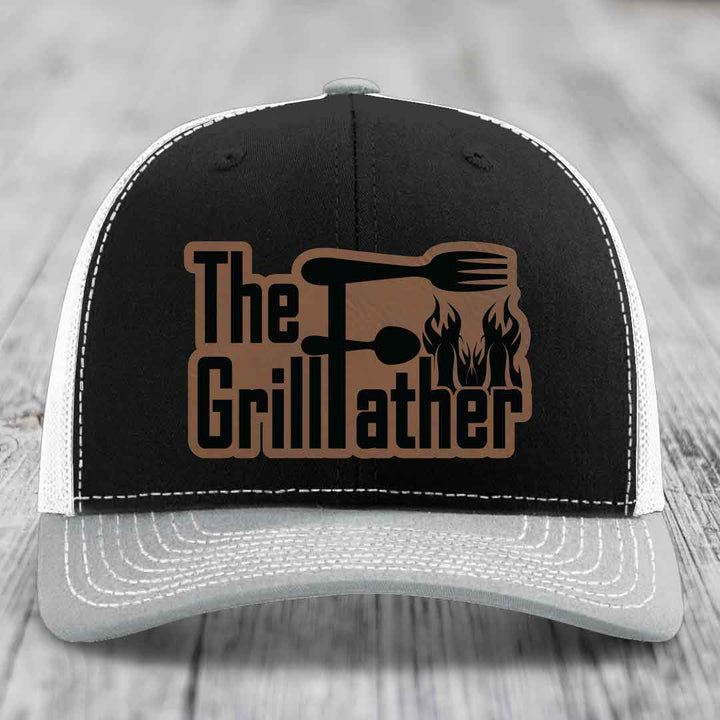 The Grillfather - Leather Patch Hat - Dark Brown to Black Patch - Richardson 112 Snapback Trucker Hat