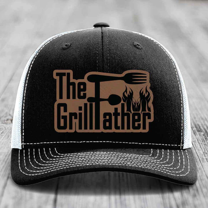 The Grillfather - Leather Patch Hat - Dark Brown to Black Patch - Richardson 112 Snapback Trucker Hat