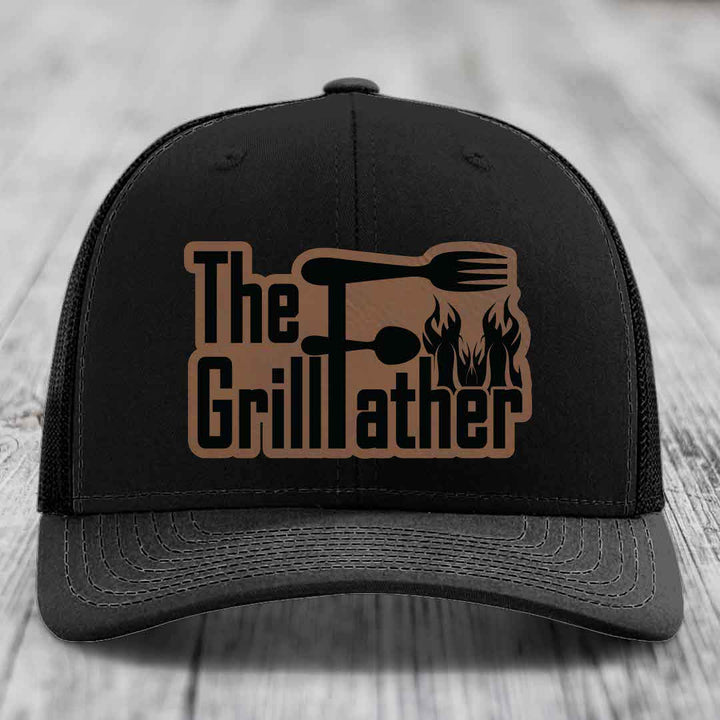 The Grillfather - Leather Patch Hat - Dark Brown to Black Patch - Richardson 112 Snapback Trucker Hat