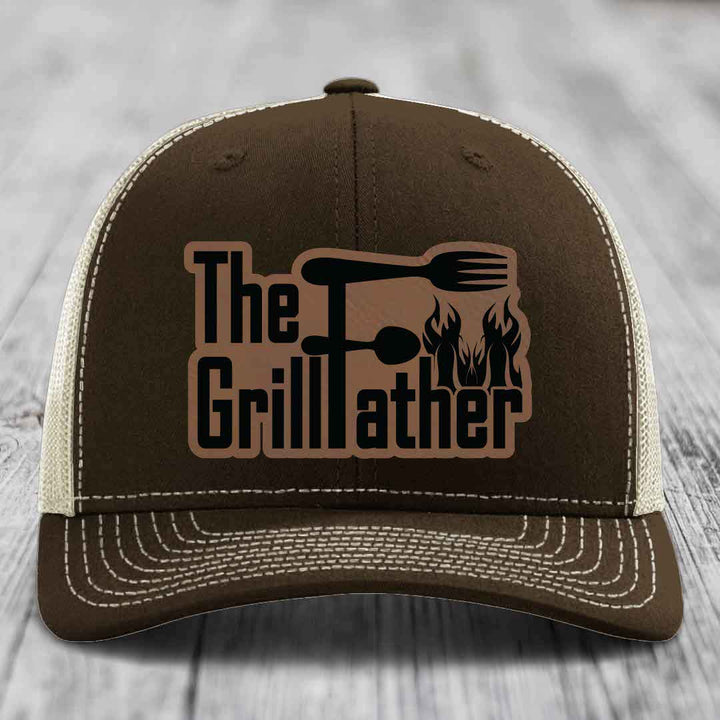 The Grillfather - Leather Patch Hat - Dark Brown to Black Patch - Richardson 112 Snapback Trucker Hat