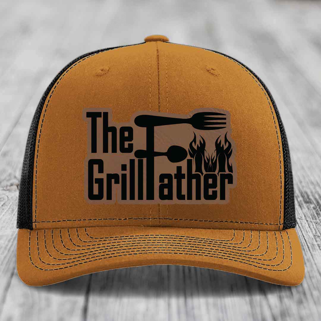 The Grillfather - Leather Patch Hat - Dark Brown to Black Patch - Richardson 112 Snapback Trucker Hat