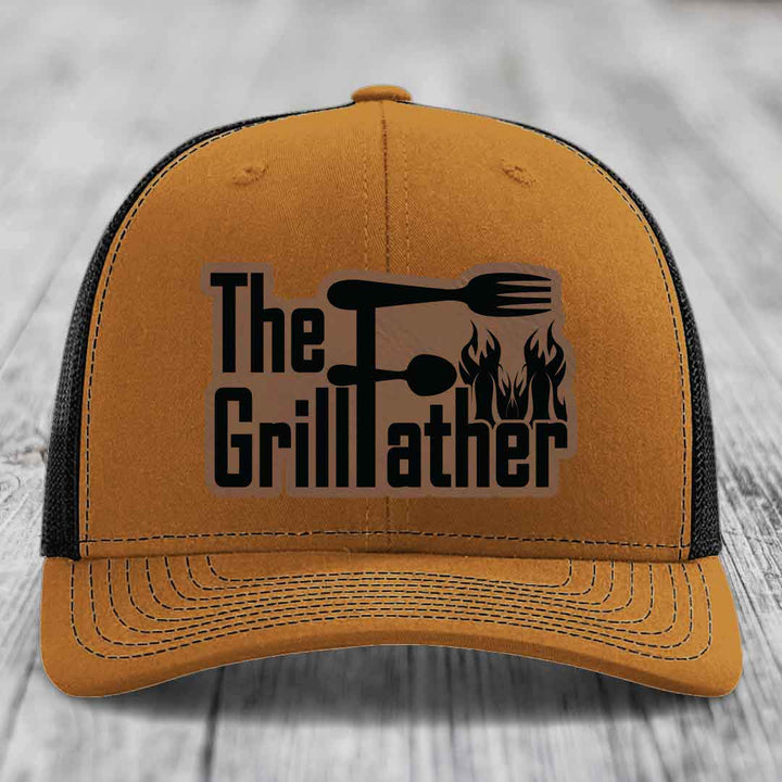The Grillfather - Leather Patch Hat - Dark Brown to Black Patch - Richardson 112 Snapback Trucker Hat
