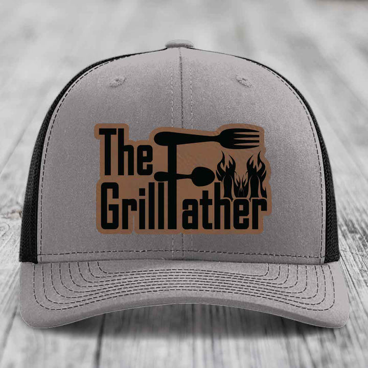 The Grillfather - Leather Patch Hat - Dark Brown to Black Patch - Richardson 112 Snapback Trucker Hat
