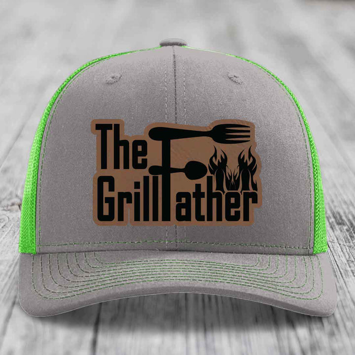The Grillfather - Leather Patch Hat - Dark Brown to Black Patch - Richardson 112 Snapback Trucker Hat
